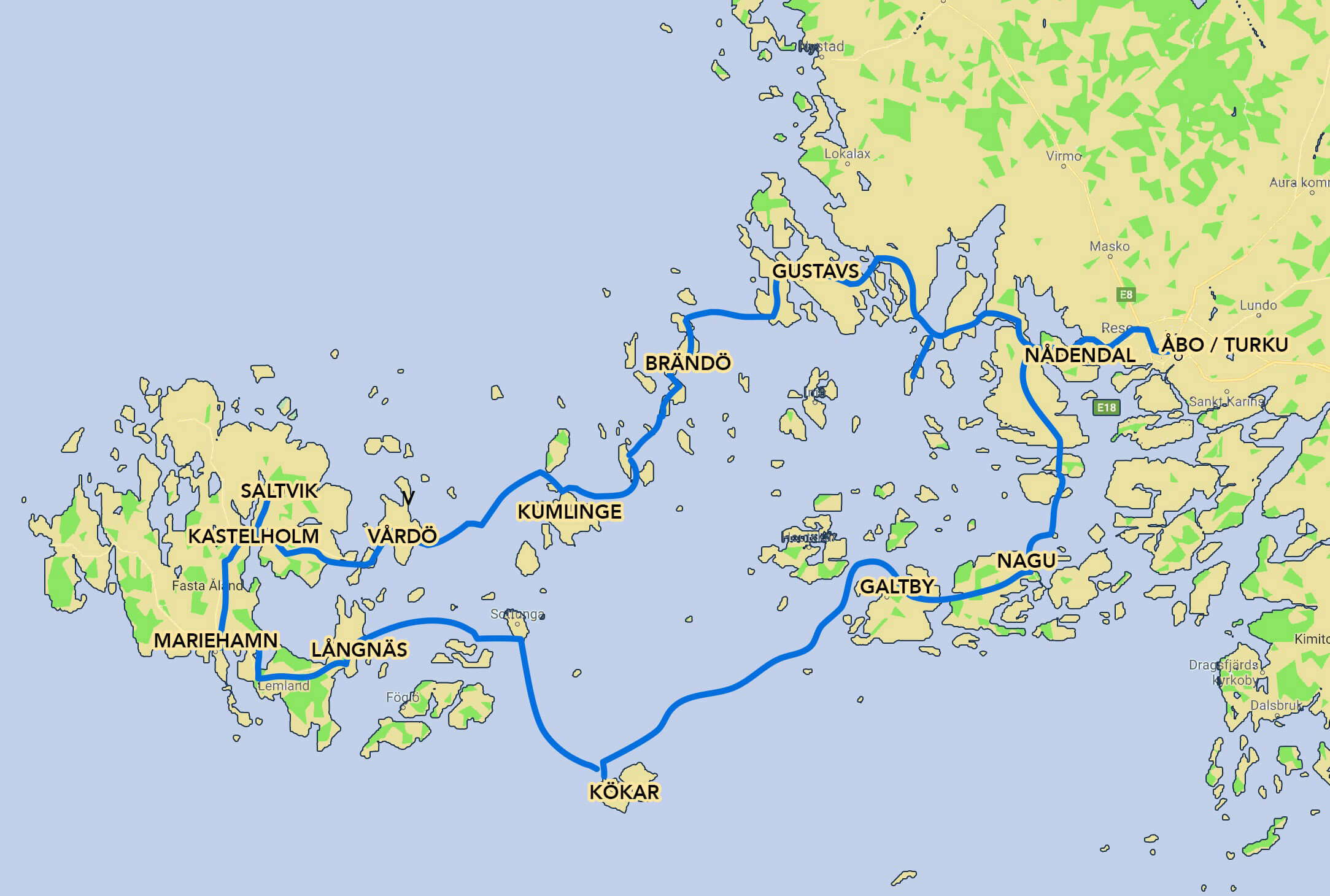 Bicycle tour map in Turku and Åland archipelago
