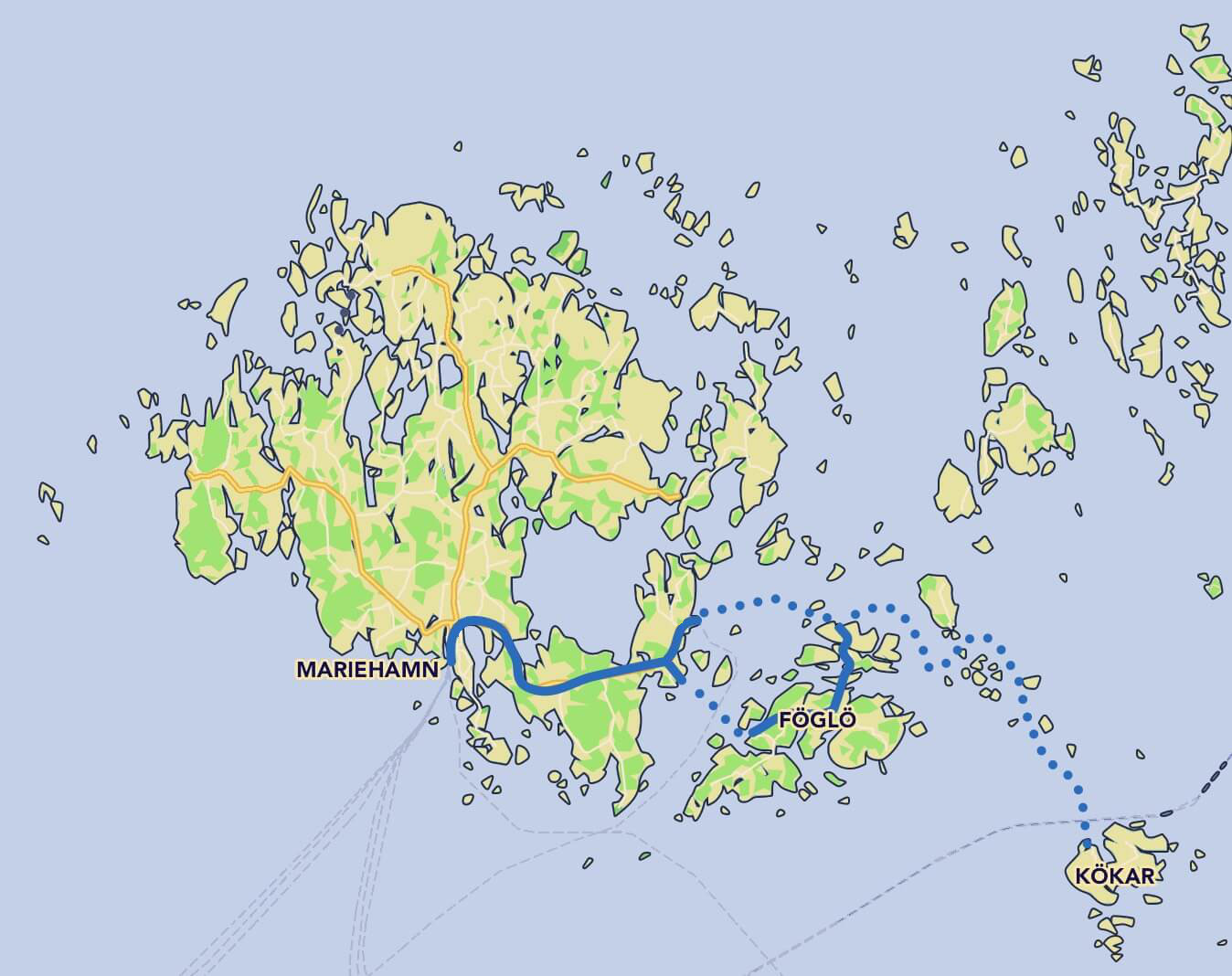 Map of our easy one-week bike trip in Åland